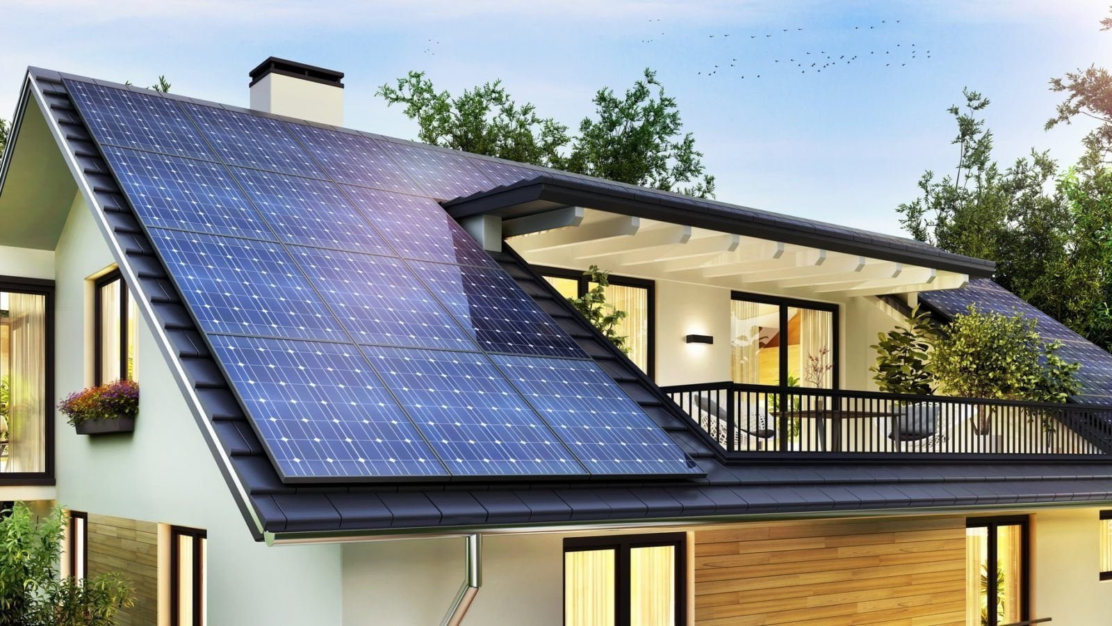 Pannelli solari con il logo di Green Solar Energy sul tetto di una casa italiana, simboleggiando la transizione verso un'energia pulita.